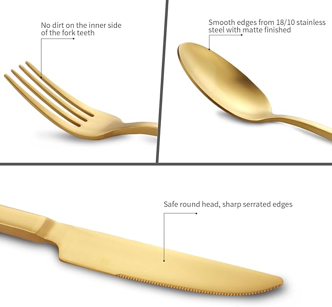 Stainless Steel Flatware Set Hand Forged 18/10 Silverware Set Cutlery Set Gold Cuboid Handle Matte Finished 60 Pieces Service for 12