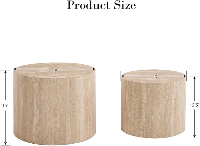 Round Coffee Tables Side Table Set of 2, Wood Nesting End Table for Living Room Balcony Office, No Assembling
