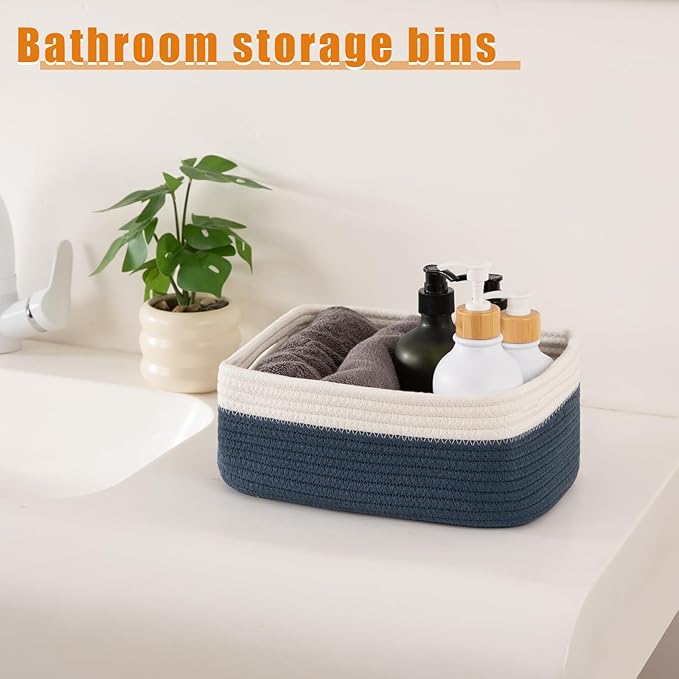 OIAHOMY 4 Pack Storage Baskets for Organizing, Small Bins for Shelves, Cute Decorative Storage Bins, Organizer Baskets for Gifts Empty, 11.8''Lx7.8''Wx4.7''H, Blue/White