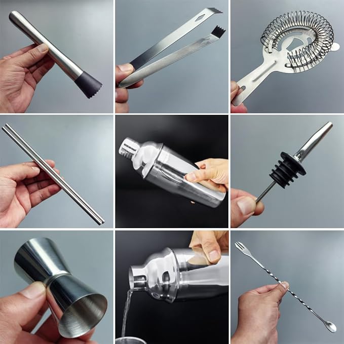 14-Piece Cocktail Shaker Set Bartender Kit with Black Stand, Bar Tool Set for Drink Mixing Bartending Kit Bar Sets Accessories: 750ml(25oz) Shaker, Jigger, Muddler, Cocktail Recipes (Silver)