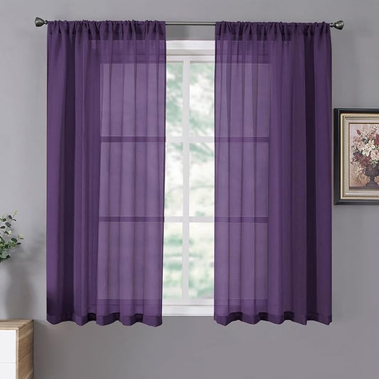 Tollpiz Short Sheer Curtains Linen Textured Bedroom Curtain Sheers Light Filtering Rod Pocket Voile Curtains for Living Room, 54 x 45 inches Long, Royal Purple, Set of 2 Panels