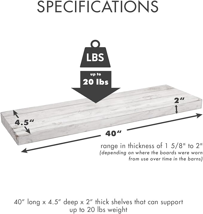 Urban Legacy Reclaimed Barnwood Planks | Floating Shelves for Wall w/Flush Mount Shelf Bracket Set Included | Set of 2 (White Wash, 30"x 4.5"x 2")