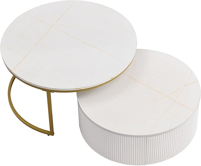 27.6" Modern Round Nesting Coffee Table Fluted with Drawer for Living Room in White & Gold