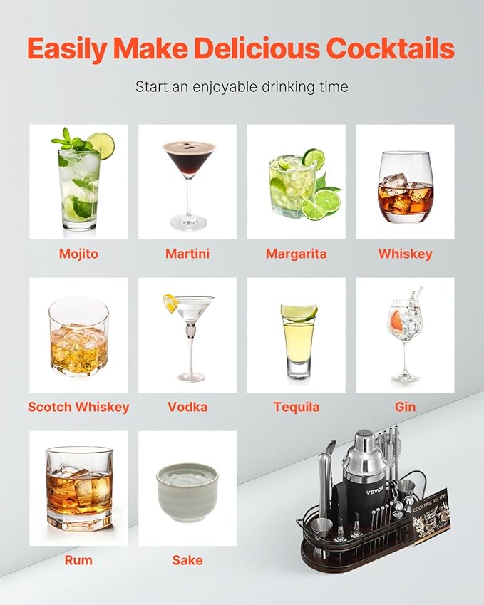 VEVOR Cocktail Shaker Set, 23-Piece Stainless Steel Bar Tools with Bamboo Stand, Martini Bartender Kit Accessories | Mixer Spoon, Muddler, Jiggers, Strainer, Liquor Pourers, Ice Tong, Corkscrew