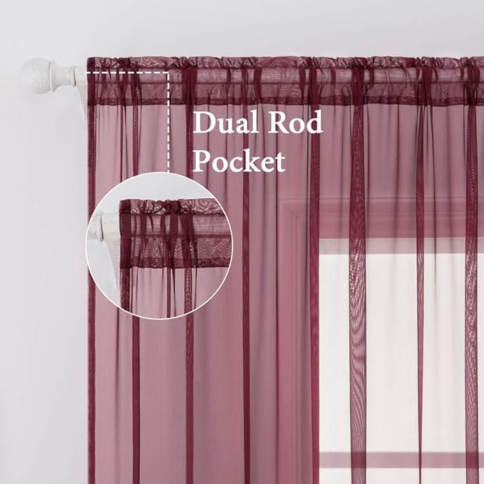 MIULEE 2 Panels Solid Color Sheer Christmas Window Curtains Elegant Window Voile Panels/Drapes/Treatment for Bedroom Living Room (54X108 Inches Wine Red)
