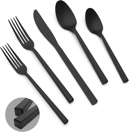 Cubic Matte Black 20-Piece Silverware Set, Forged Stainless Steel Flatware, Matte Finish Modern Cutlery Set, Service for 4, Dishwasher Safe