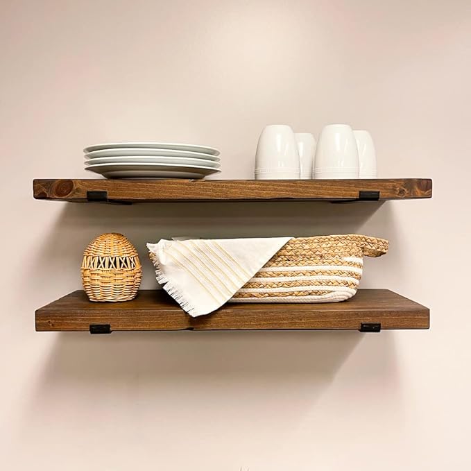 Rustic Shelves with J-Brackets Set of 2, Industrial Shelf, Kitchen Shelves, Solid Wood, Decorative Wall Storage, Heavy Duty, URBANDI (Provincial, 48Wx8D)
