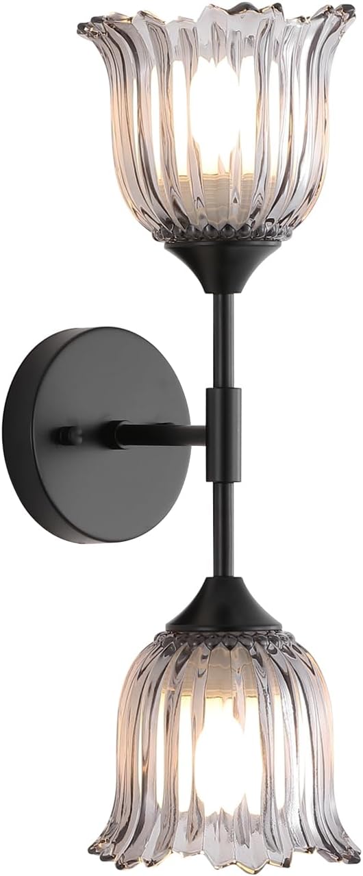 2-Lights Vintage Wall Sconce with Smoke Gray Glass Shades Mid Century Bathroom Vanity Wall Light Fixtures Industrial Matte Black Wall Lamp for Bedroom Mirror Living Room Restaurant