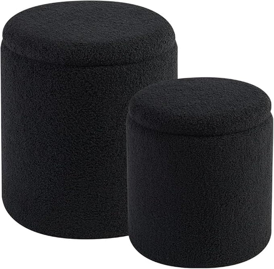 Round Ottoman with Storage Set of 2-Upholstered Sherpa Vanity Stool for Makeup Multifunctional Ottomans Coffee Table Padded Seat Foot Rest for Living Room&Bedroom(Sherpa, Black)