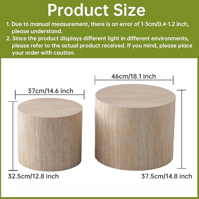Round Nesting Coffee Table Set of 2 Small Round Coffee Tables for Living Room Modern Fluted Coffee Table Circular End Table Side Table for Small Spaces No Assembly (Travertine, 18 in)