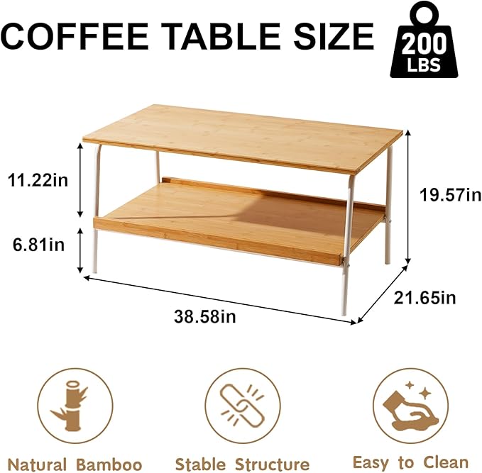 Bamboo 2 Layer Coffee Table - Tier Storage Mid Century Modern Farmhouse Center Table for Living Room, Bedroom, Office, Patio(Natural)