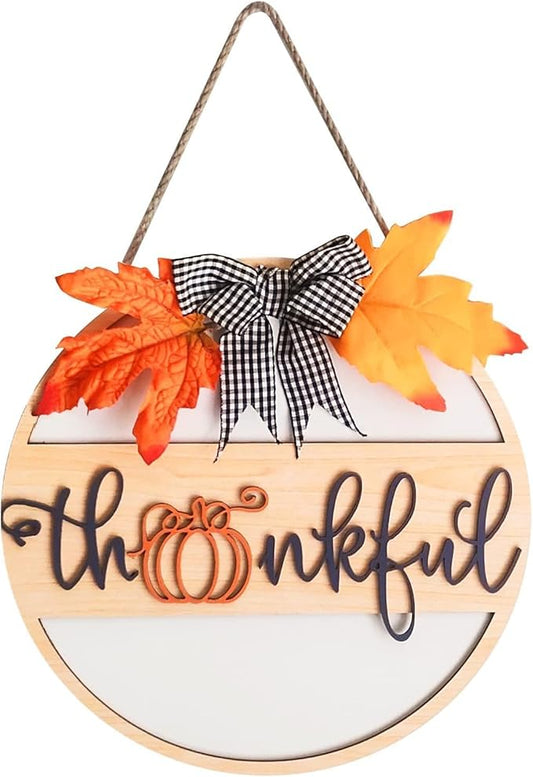 Thanksgiving Wood Sign for Front Door,Thankful Fall Door Hanging Decor,Thanksgiving Decorations Autumn Wooden Wall Decor for Thanksgiving Fall Harvest Home Farmhouse Outdoor Indoor(Maple Leaf wreath)