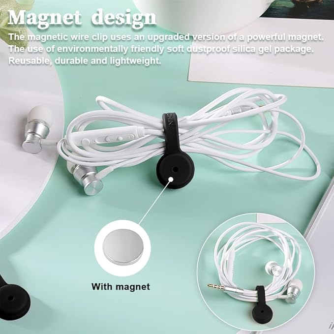 Viaky 6 Pcs Black Magnetic Cable Clips Organizer Earbuds Cords Winder Bookmark Whiteboard Noticeboard Fridge Straps USB Manager Keeper Wrap Ties for Kitchen, Home, Office and School