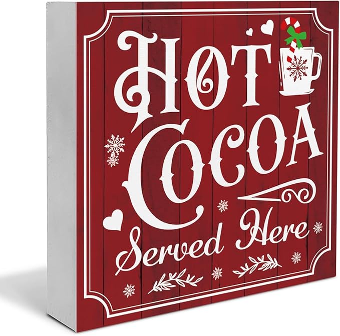 Vintage Christmas Decor, Hot Cocoa Wooden Sign, Coffee Bar Wooden Block Sign, Christmas Kitchen Decorations for Table Shelf 5 x 5 Inch