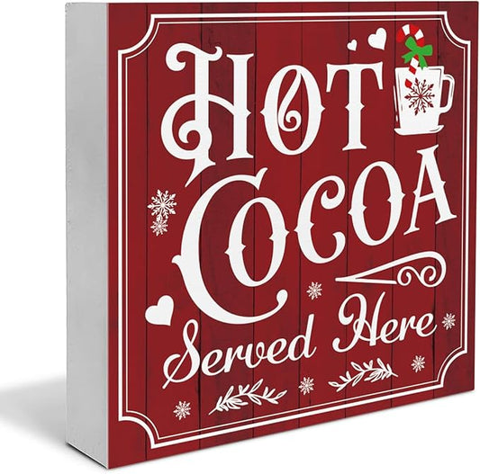 Vintage Christmas Decor, Hot Cocoa Wooden Sign, Coffee Bar Wooden Block Sign, Christmas Kitchen Decorations for Table Shelf 5 x 5 Inch