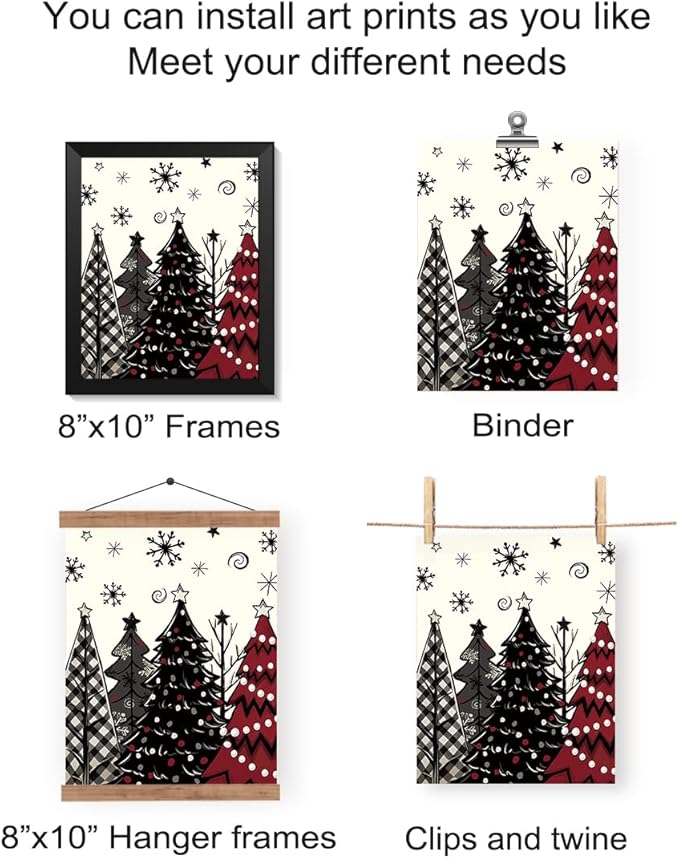 Wheatwin Winter Christmas Decor Wall Art Prints Set of 4, Christmas Tree Wall Decor, Hello Winter Xmas Merry Christmas Decor for Home Bedroom Living Room, 8x10 (Unframed)