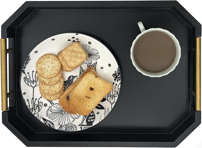 Serving Tray with Polished Metal Handles, Hexagon Coffee Table Tray, Modern Rectangle Decorative Tray, Large Ottoman Tray, Perfect for Storage and Display (Black Rectangle)