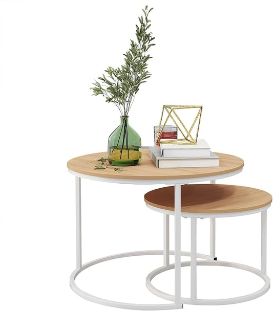 HOJINLINERO Round Coffee Table Set of 2 End Table for Living Room,Stacking Side Tables,Sturdy& Easy Assembly,Wood Look Accent Furniture with Metal Frame,Industrial/Modern Coffee Table White+Teak OAKDK