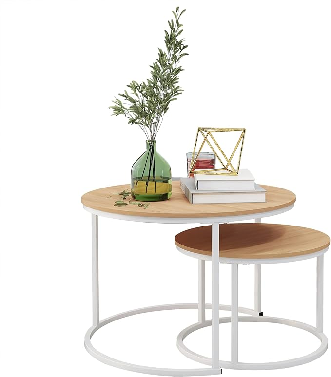 HOJINLINERO Round Coffee Table Set of 2 End Table for Living Room,Stacking Side Tables,Sturdy& Easy Assembly,Wood Look Accent Furniture with Metal Frame,Industrial/Modern Coffee Table White+Teak OAKDK