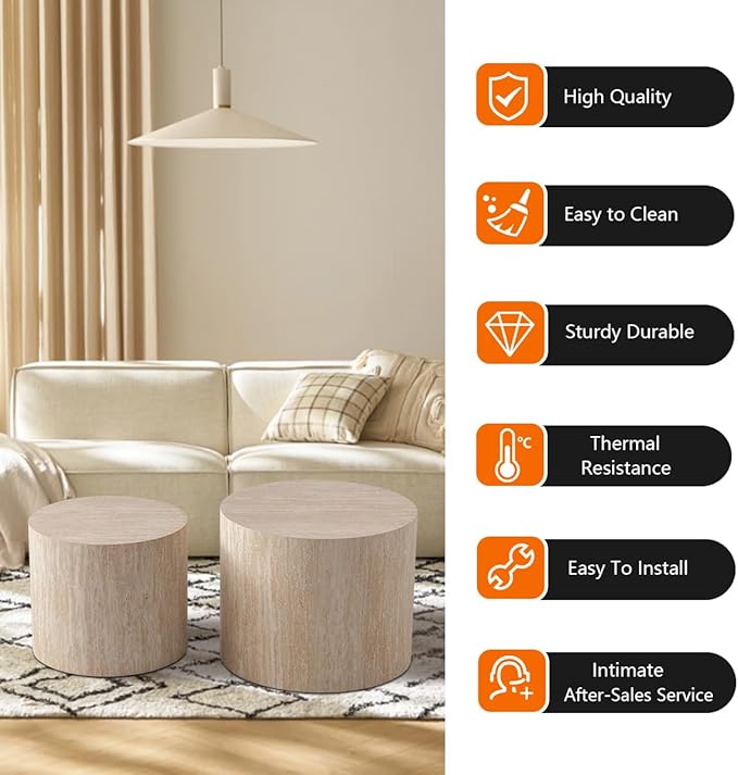 Round Coffee Table Set of 2 Modern Nesting Coffee Tables for Living Room Wave Stripe Round Coffee Table for Bedroom Office No Need Assembly (J)