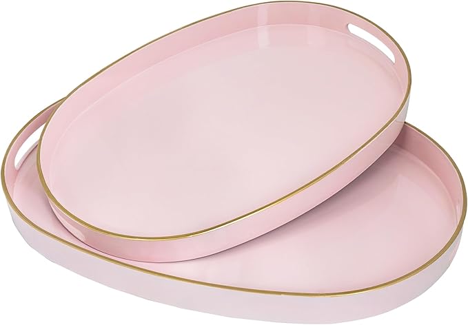 MAONAME Pink Serving Trays with Handles, Oval Decorative Trays for Coffee Table, Nesting Trays Set of 2, Plastic Vanity Trays for Ottoman, Living Room