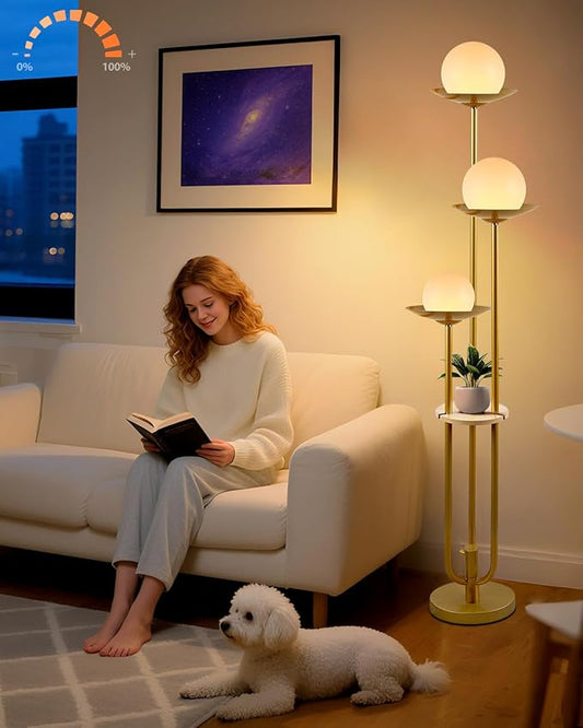 Lightdot 63IN Globe Floor Lamp with Shelf 3-Lights Modern Dimmable Floor Lamps with 3000K Soft Warm White Bulbs for Wedding/Party, Gold Tall Standing Lamp for Living Room/Bedroom