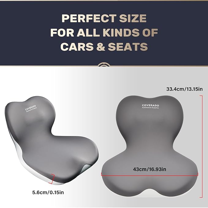 Coverado Car Seat Cushion and Lumbar Support Pillow One Piece, Memory Foam Ergonomic Back Support Driving Seat Cushion for Back Pain, Non-Slip Washable Cushion for Car, Driver, Office