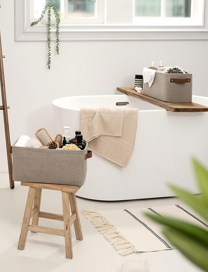 StorageWorks Narrow Storage Bins, Small Basket for Closet and Shelves, Rectangular Fabric Organizer with Handles, Toilet Paper Storage, Brown and Beige, 2-Pack