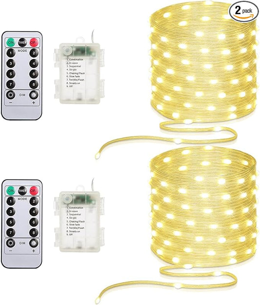 Battery Operated String Lights (2 Pack), 33ft 100 LED Fairy String Lights Battery Powered w/Remote & Timer for Indoor Outdoor Christmas Trees Wreath Decoration Bedroom Patio - Warm White