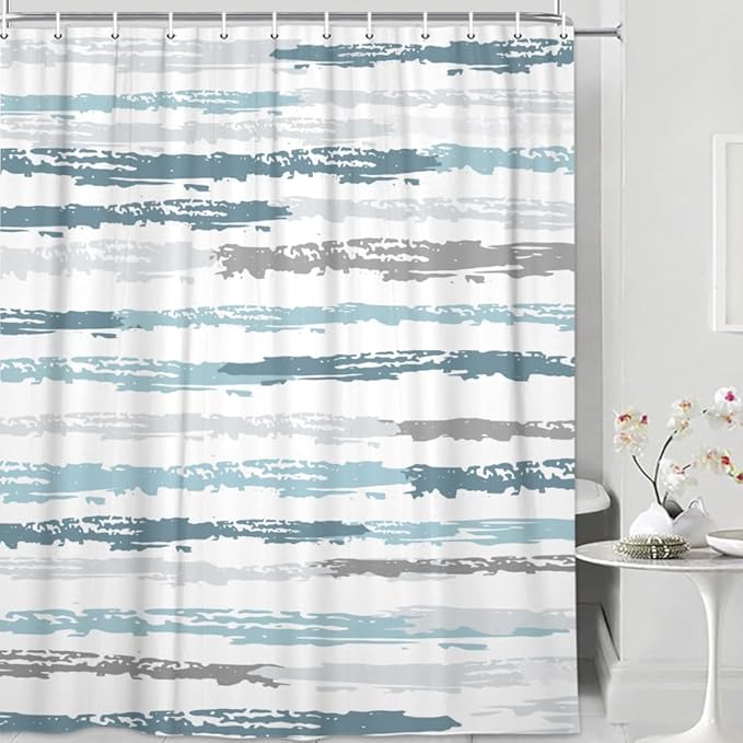 JAWO Abstract Blue Shower Curtain for Bathroom Decor, Modern White Grey Stripe Aesthetic Minimalist Geometric Simple Neutral Watercolor Painting Waterproof Polyester Shower Curtain with Hooks,69X84