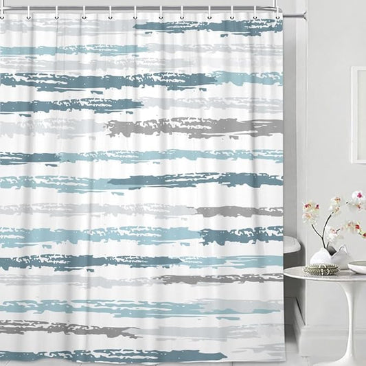 JAWO Abstract Blue Shower Curtain for Bathroom Decor, Modern White Grey Stripe Aesthetic Minimalist Geometric Simple Neutral Watercolor Painting Waterproof Polyester Shower Curtain with Hooks,69X84