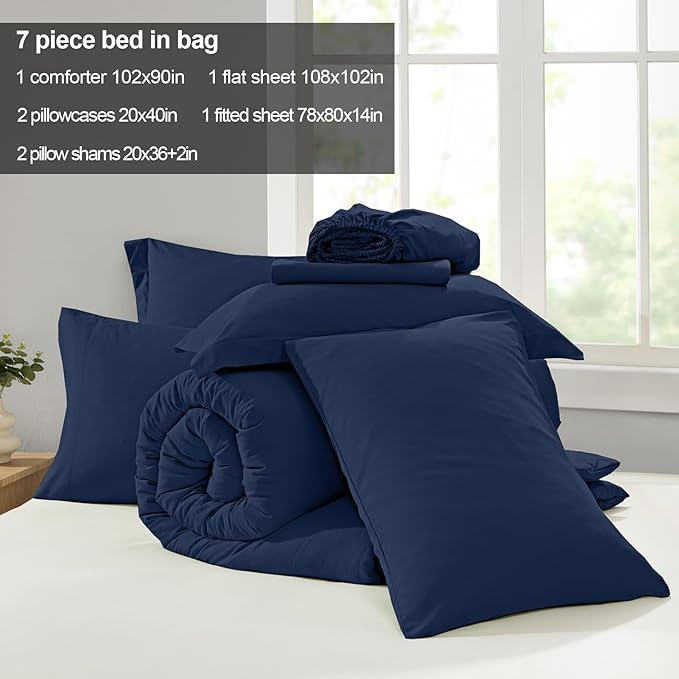 Homelike Moment King Size Comforter Set 7 Piece, Navy Bed in a Bag King Size Bed Set Lightweight and Machine Washable