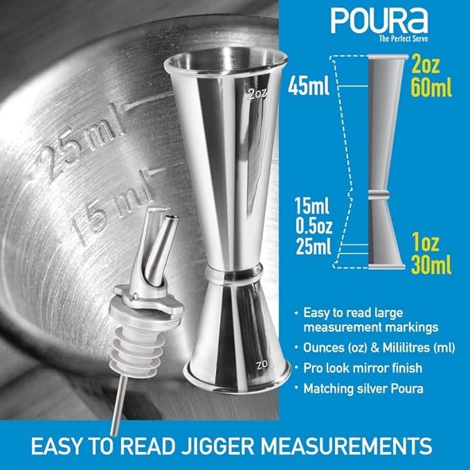 Jigger and Liquor Pourer Bar Set, Double Jigger with BPA Free ClickSeal Speed Pourers Spout - Dishwasher Safe, Universal Fit Liquor Pour Spouts