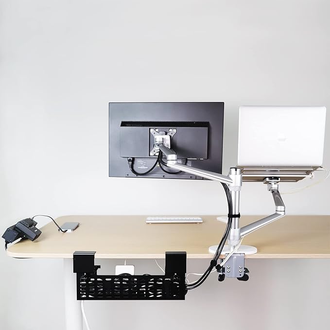 AEONS Premium Monitor Laptop Mount & Under Desk Cable Management Tray Wire Cord Organizer & Desk Clamp Mount PDU, No Drill Computer Computer Cord Raceway and Modesty Panel, Silver & Black