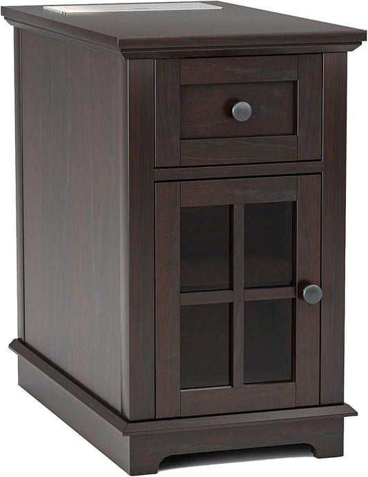 HIFYOBRO End Table with 1 Drawer, Storage Side Table with Flip Top Charging Station, Type-C & USB Port & Power outlets, Wooden Storage Cabinet for Bedroom/Living Room