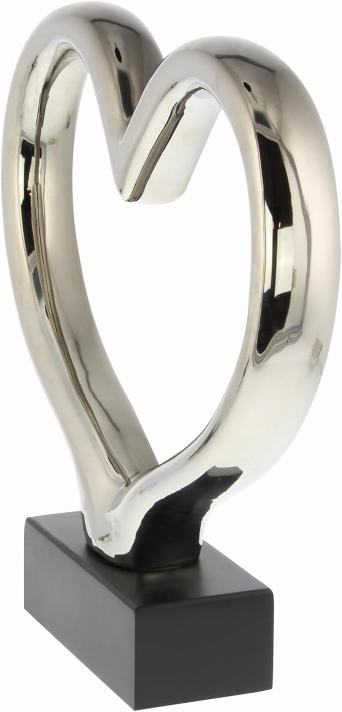 Deco 79 Ceramic Heart Decorative Sculpture Home Decor Statue with Black Base, Accent Figurine 13" x 3" x 12", Silver