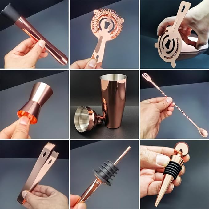 Cocktail Shaker Set with Stand, Cocktail Shaker Bartender Kit: Bar Tool Set, Drink Mixing Includes Martini Shaker,Strainer,Jigger,Bar Mixer Spoon,Muddler, Pourer, Bottle Stopper (Rose Gold)