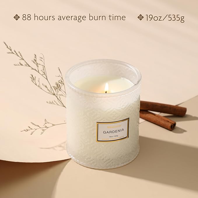 Gardenia Scented Candles, 19oz Aromatherapy Candles Gifts for Women, White Luxury Large Decorative Candle in Glass, Natural Soy Wax for Home