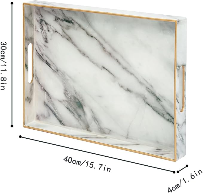 Serving Tray, Marble Plastic Food Trays for Eating on Lap Decor Coffee Tray with Handles Rectangular Non-Slip Candle Plate, 15.7"x11.8"x1.6" Large Drinks Platter for Kitchen/Living Room/Bedroom