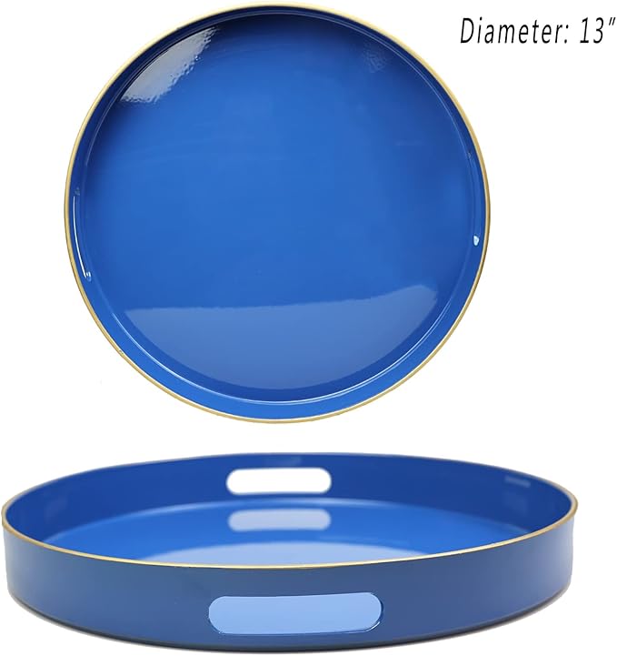 Spsyrine Round Navy Blue Decorative Tray, 13" Plastic Serving Table Tray with Handles for Breakfast,Modern Ottoman Tray for Coffee Table, Bathroom, Kitchen, Living Room