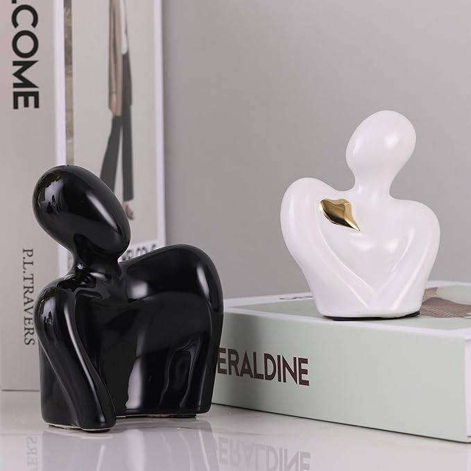Mini Couple Statue Tv Stand Decor Items for Living Room,Bedroom Decor for Couples Sculpture Knick Knacks for Shelves,Couple Gifts for Her,Show Pieces for Home Decor (Black and White Gold Heart)