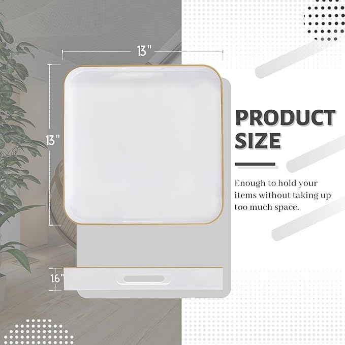 MAONAME 13" White Decorative Tray, Serving Tray with Metal Handles, Square Plastic Trays for Ottoman, Modern Coffee Table Trays for Living Room, Bathroom