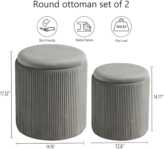 Round Set of 2 Ottoman with Storage-Upholstered Velvet Vanity Stool for Makeup Multifunctional Ottomans Coffee Table Padded Seat Foot Rest for Living Room&Bedroom (Ligth Grey)