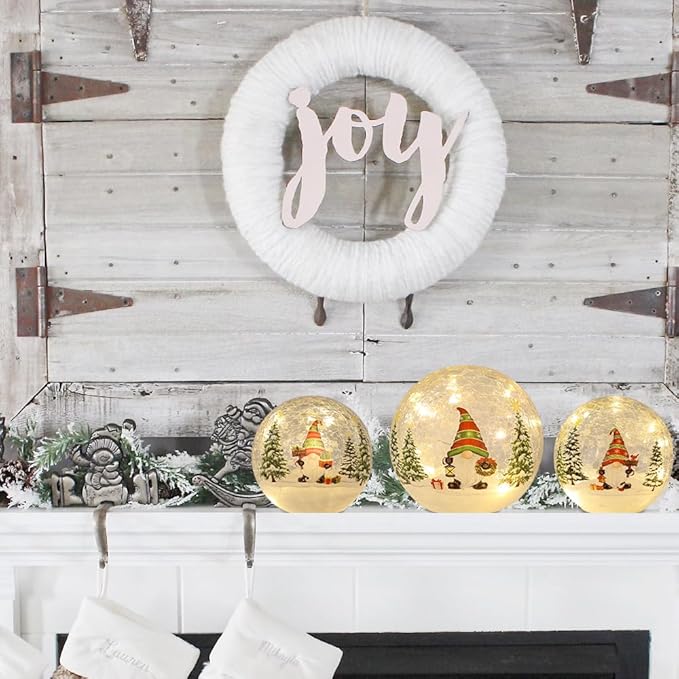 PHITRIC Christmas Decorations Indoor, 3 PCS Sparkling Christmas Gnomes Globes with LED Lights and Timer, Xmas Table Decor Centerpieces Crackle Glass Ball for Fireplace, Home, Tabletop, Mantel, Shelf