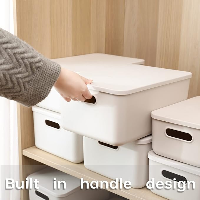 Plastic Storage Baskets With Lid Organizing Container Lidded Knit Storage Organizer Bins for Shelves Drawers Desktop Closet Playroom Classroom Office (4M+2S, Light grey)