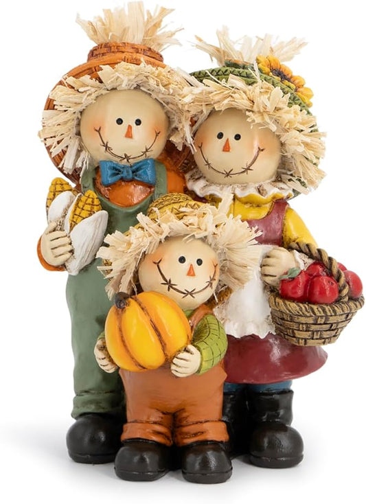 Hodao Fall Scarecrow Family Figurine with Pumpkin, Corn and Apple Basket, Hand-Painted Resin, Autumn Harvest and Thanksgiving Home Decor and Gift for Tiered Tray, Mantel, Tabletop, Windowsill