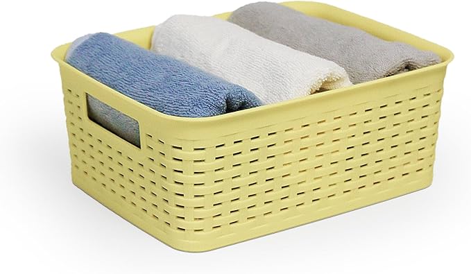 Plastic Storage Baskets for Cabinets, Household Pantry Organization with Handle,Organizer Bins for Room,Bathrooms,Under-Sink,Kitchen (Yellow, S-3PACK)
