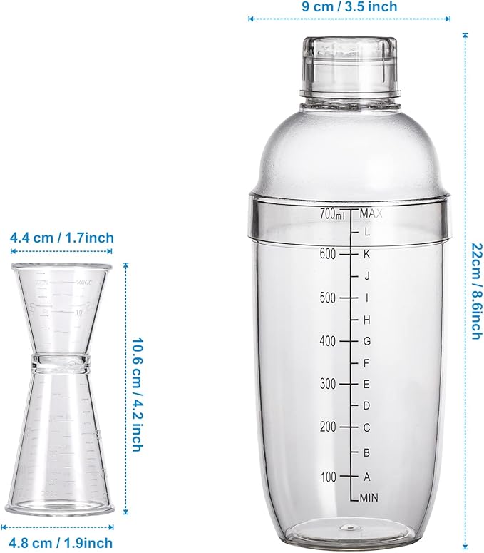 Plastic Cocktail Shaker Set, Cocktail Shaker and Measuring Jigger Set, Drink Shaker for Bartending and Home Bar, Drink Mixed Hand Shaker Tools, 24oz/700cc