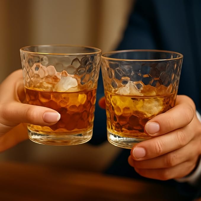 Crinkle Whiskey Glasses 12oz - Set of 4 Unique Textured Glassware for Bourbon, Scotch, Old Fashioned Cocktails - Dishwasher Safe Rocks Glasses Tumbler Set – Gift Ready Box