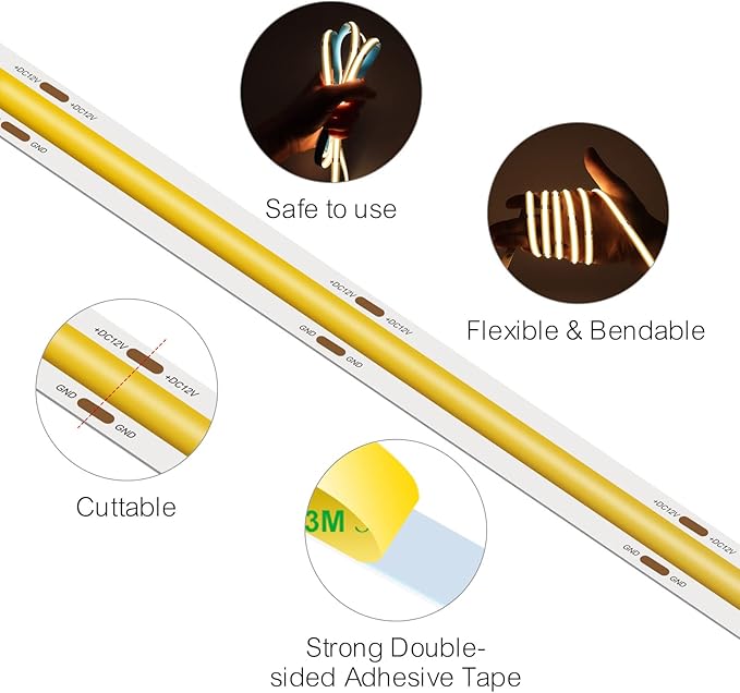 High Bright Cold Blue COB LED Light Strip Decorative Self Adhesive LED Tape DC 24V 480LEDs/m 16.4FT/5M CRI 90 Ribbon Lights for Home Kitchen Bedroom Bar Decor (DC24V, Without Power Supply)